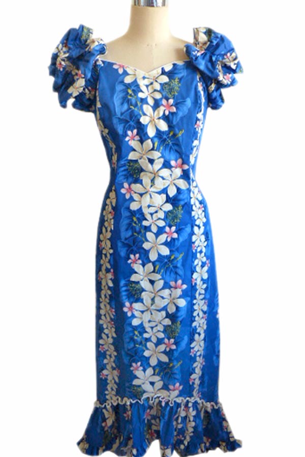 プルメリア ブルー 袖つきドレス